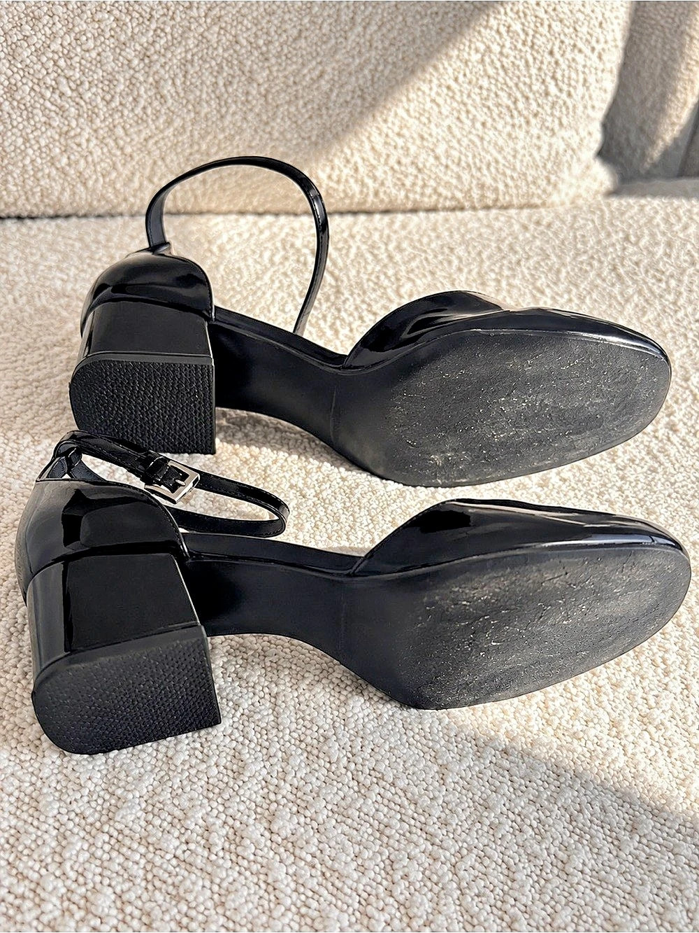 Reformation Laurie Pump Black Patent Ankle Strap Block Heels - Picture 3 of 4